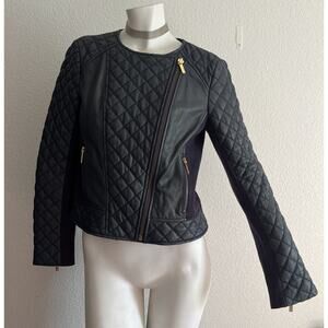 Michael Kors 100% Lambskin Leather Quilted Moto Jacket Navy Blue Gray Medium